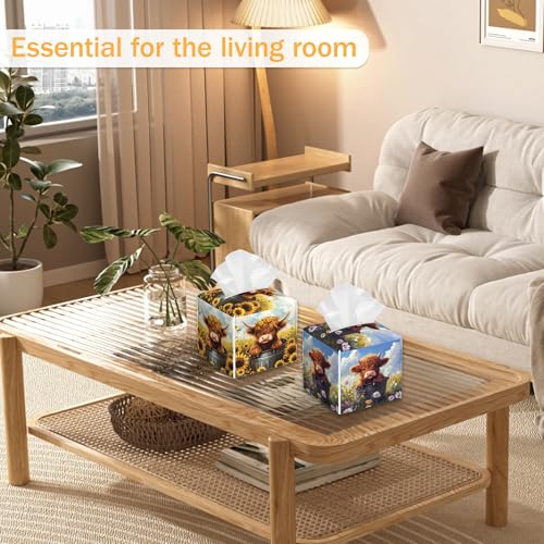 Flower Highland Cow 2 Pcs Tissue Box Cover Square, Spring Summer Tissue Box Holder Waterproof Leather Facial Paper Organizer Dispenser for Bathroom Home Car Nightstand - color: Flower Highland Cow