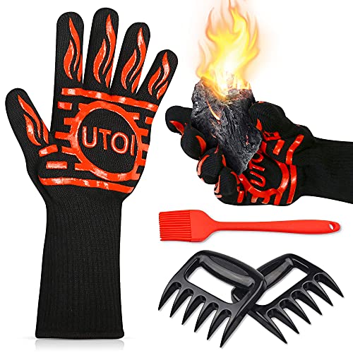 BBQ Grill Gloves Kit - 1472°F Heat Resistant BBQ Gloves, Meat Shredder Claws & Silicone Basting Brush for Fire Pit, Campfire, Grilling & Outdoor Cooking - color: Bbq Grill Gloves Kit