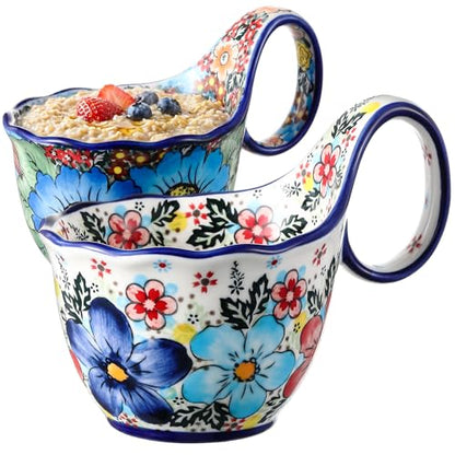 LemonRoad 2 Pack 15 oz Ceramic Soup Bowls with Handle,Roman Garden | Handpainted Decorative Soup Mug, Microwave & Dishwasher Safe, Loop Handle, for Fruit Chili Stew Ice Cream, Gift