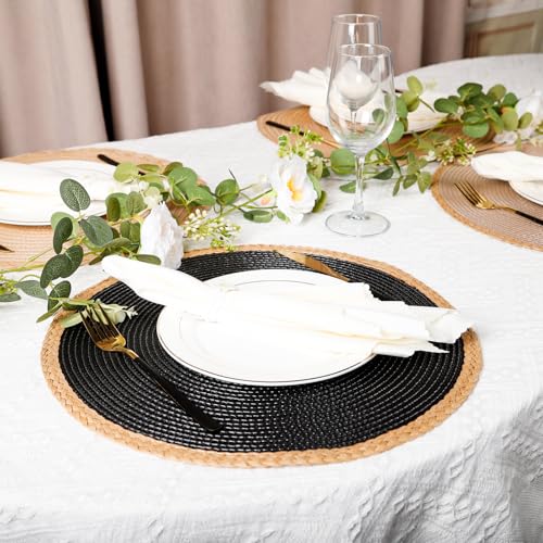Round Weave Placemats Set of 6, Black with Beige Woven Edge, 15 Inch Heat Resistant Non-Slip Washable Table Mat for Dining Table Kitchen Farm Decor