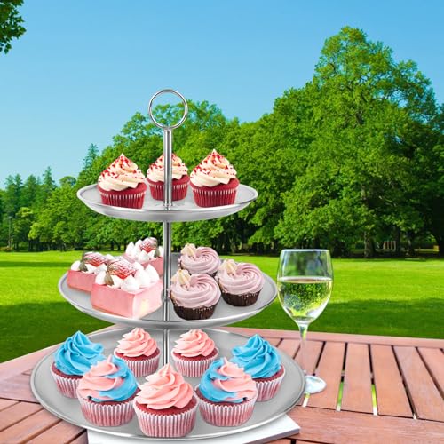 3 Tier Silver Cupcake Stand Stainless Steel Dessert Display Rack with Removable Tiered Tray for Parties,Weddings,Birthdays,Decorations,Any Festivals and Festivities(Stainless Steel Pole)