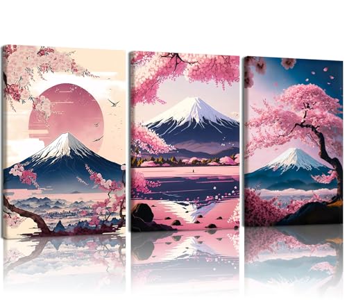 GYYLGYY 3 Pcs Fuji Mountain Cherry Blossom Canvas Wall Art | 16x24 Inch Framed Modern Japanese Sakura Landscape Wall Decor for Bedroom Living Room Study Office and Zen Home - color: Mount Fuji Wall Artwork, size: 24"L x 16"W