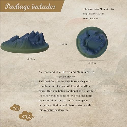 Backflow Incense Burner - A Thousand Li of Rivers and Mountains Ceramic Holder for Cones and Sticks, Waterfall Smoke Aromatherapy Decor for Meditation, Yoga, Home Office