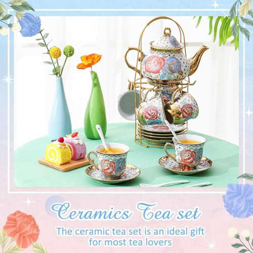 Zhehao 20 Pcs Porcelain Tea Set with Metal Holder and Spoon Adult Ceramic Tea Set European Flower Painting Teapot Cup Saucer Spoon for Women Mom Gift, Large Version (Romantic Style) - color: Romantic Style