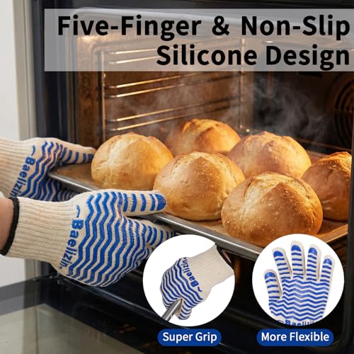 BBQ Grill Gloves, Extreme Heat Resistant Oven Gloves, Silicone Non-Slip Oven Mitts with Fingers, for Barbecue,Grilling, Cooking, Baking-1 Pair(Blue)