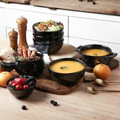 vicrays Ceramic Cereal Bowls Set - Porcelain 26 Ounce Soup Salad Bowls Set - Rice Dessert Cream Bowls Set - Chip Resistant Dishwasher Microwave Safe - Set of 6 (Black) - color: Black