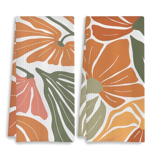 Boho Floral Kitchen Towels Set of 2, Groovy Retro 70s Dish Towels, Hand Towels for Bathroom, Kitchen Decor, 16x24 Inches - color: 23- Abstract Towels