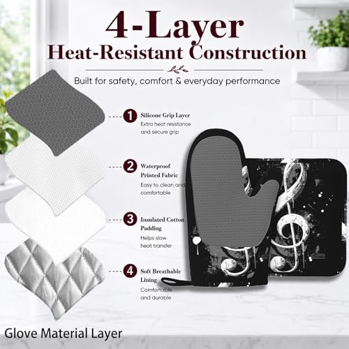Black Notes Oven Mitts and Pot Holders Sets Non-Slip Silicone Surface for BBQ Gloves,Kitchen,Cooking,Baking,Grilling,BBQ - color: Black Notes