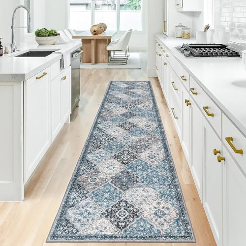 KILOCOCO 2x10 Washable Runner Rug Nonslip Soft Area Rug for Hallway Kitchen | Soft Moroccan Trellis Spill & Stain Resistant Low Pile Carpet for Entryway Office Laundry Bedroom, Easy Clean - color: Blue/Multi, size: 2' x 10' (Runner)