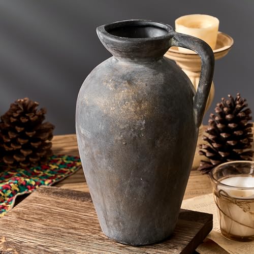 PORCER Antique Rustic Ceramic Vase, 9.3 Inch Tall Large Terracotta Vase with Handle, Vintage Farmhouse Pottery Vase for Home Decor, Living Room, Entryway, Wedding, Thanksgiving - Black Bronze - color: Black Bronze- 9.3"