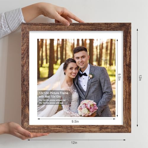 Hongkee 12x12 Picture Frame Set of 4 - Made of Glass and Rustic Brown Wooden Frame, Display Square Pictures 10x10 with Mat or 12 x 12 without Mat, Desktop & Wall Collage Photo Frame - color: Rustic Brown, size: 12x12 in