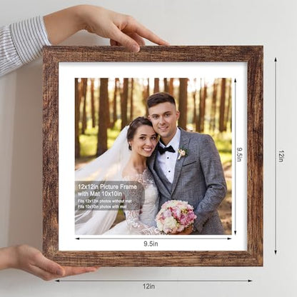 Hongkee 12x12 Picture Frame Set of 4 - Made of Glass and Rustic Brown Wooden Frame, Display Square Pictures 10x10 with Mat or 12 x 12 without Mat, Desktop & Wall Collage Photo Frame - color: Rustic Brown, size: 12x12 in