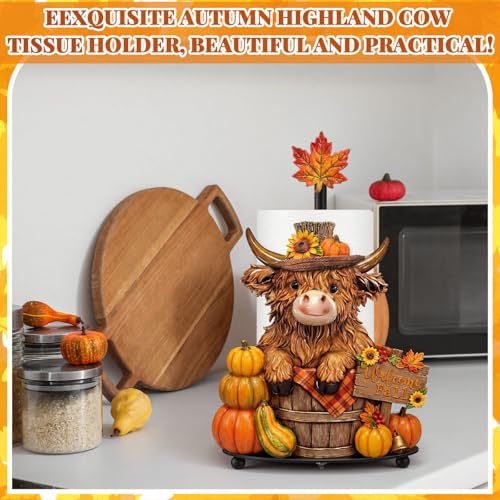 Highland Cow Fall Paper Towel Holder with Round Base Fall Bathroom Decor Rustic Highland Cow Dispenser Kitchen Paper Holder Stand for Countertop Toilet Home Accessories - style: Fall