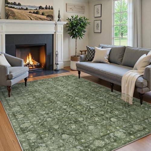 Hedlive 5x7 Area Rugs for Bedroom, Washable Green Living Room Rug Non Slip, Soft Low Pile Moroccan Rug, Boho Emerald Carpet for Dining Guest Room Office Playroom Nursery (5'x7', Dark Green) - color: Green, size: 5' x 7' (Rectangular)