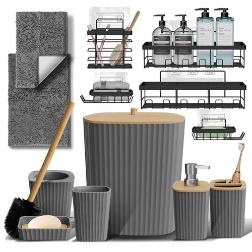 Clara Clark Bathroom Set - Grey Bathroom Accessories Set, 6PC Bathroom Accessory Set, Bathroom Sets with Bathroom Rugs, Adhesive Corner Shower Caddy Hanging, Toilet Brush, Trash Can & Soap Dispenser - color: Grey, size: Complete Set + Bath Rugs + Shower C