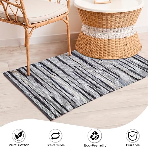 Chindi Kitchen Rug 2x3 Feet - Charcoal | Cotton Small Throw Rugs for Bathroom, Easy Care Grey Hand Woven Mat - color: Charcoal, size: 2 x 3 feet