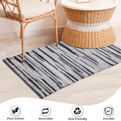 Chindi Kitchen Rug 2x3 Feet - Charcoal | Cotton Small Throw Rugs for Bathroom, Easy Care Grey Hand Woven Mat - color: Charcoal, size: 2 x 3 feet
