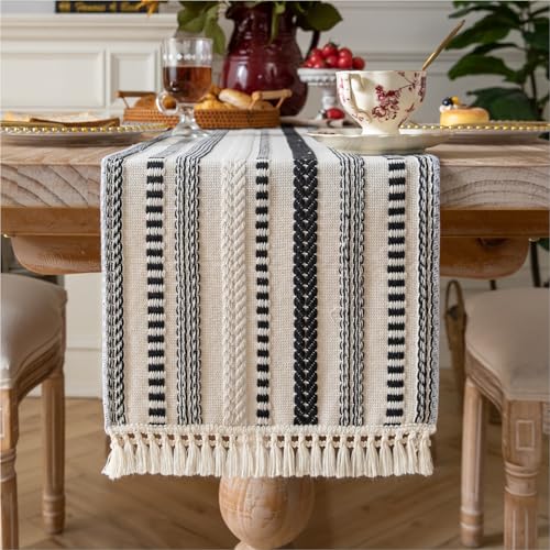 Caflife Boho Table Runner 60 Inchs Long, Black and Beige Cotton Linen Blend Woven Modern Rustic Farmhouse Decorative Dresser and Coffee Table Runner for Kitchen, Dining Room Home Decor - color: Black, size: 13x60Inch