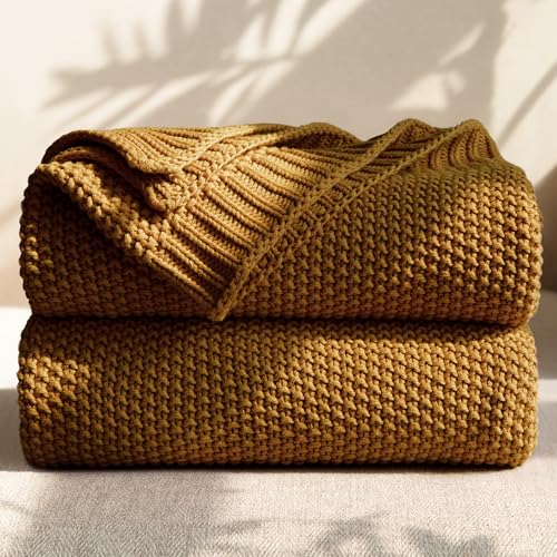 100% Cotton Cable Knit Throw Blanket, Lightweight Soft Knit Blanket for Sofa Couch Bed, Breathable All-Season Throw, Cozy Decorative Blanket, 50 x 60 Inch,Mustard - color: Mustard, size: Throw(50" X 60")