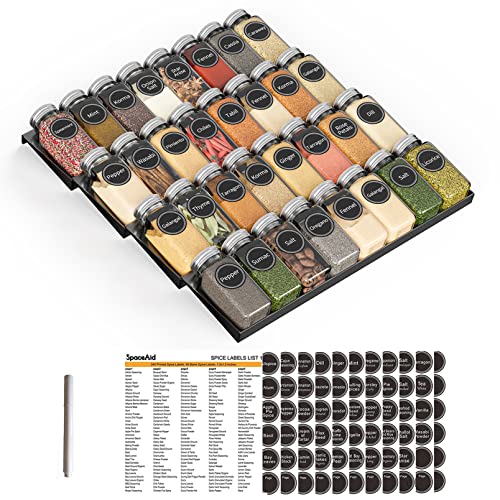 SpaceAid Spice Drawer Organizer with 32 Spice Jars, 386 Spice Labels, 4 Tier Seasoning Rack Tray Insert for Kitchen Drawers, 15" Wide x 17.5" Deep - size: 32 Jars, 15" Wide