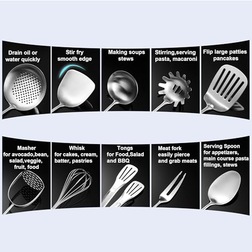 Stainless Steel Kitchen Utensils 13 PCS All Metal Set for Cooking | Food-grade 304;Dishwasher Safe;Made To Last;Meets All Needs;Great Choice for Gifts - color: Natural-13