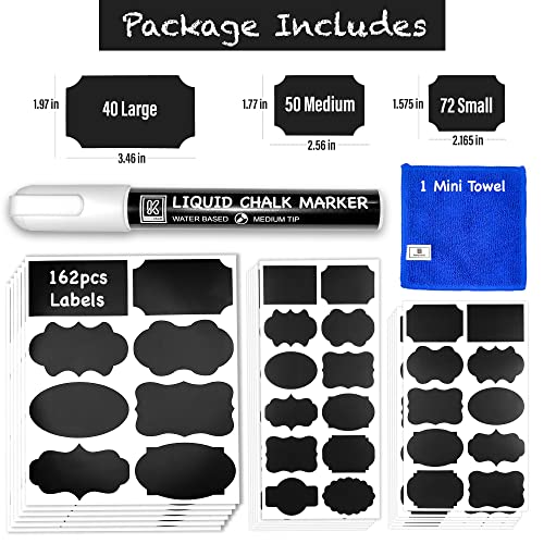 Chalkboard Labels for Jars, 162pcs Waterproof Reusable Stickers with Marker | 12 Shapes & 3 Sizes Chalk Sticker Labels for Jars & Containers, Easy-Wipe Labels Include Erasable Liquid Chalk Marker & Cloth - style: 162 Labels - 12 Shapes & 3 Sizes