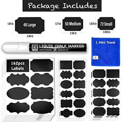 Chalkboard Labels for Jars, 162pcs Waterproof Reusable Stickers with Marker | 12 Shapes & 3 Sizes Chalk Sticker Labels for Jars & Containers, Easy-Wipe Labels Include Erasable Liquid Chalk Marker & Cloth - style: 162 Labels - 12 Shapes & 3 Sizes