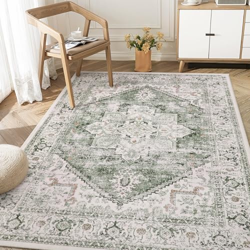 LIVEBOX Washable Area Rug 4x6 Vintage Tribal Bedroom Rugs Vintage Low-Pile Indoor Rug for Living Room, Non-Slip Retro Carpet Print Distressed Accent Carpet for Kitchen Entryway Office Camper, Sage - color: Medallion Sage, size: 4' x 6' (Rectangular)