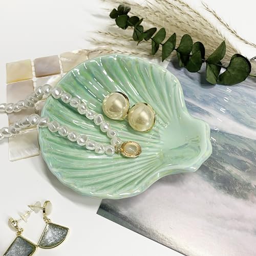 Ceramic Shell Ring Holder Dish, Small Shell Trinket Dish, Beachy Jewelry Plate for Earrings Necklace Valentine's Mother's Day Christmas Birthday Gifts for Women, 3.9", Ice Green Iridescent Surface - color: Ice Green