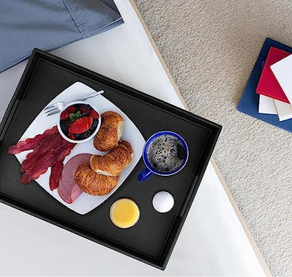 HofferRuffer Rectangle Serving Tray with Hole Handles for Coffee Table, Breakfast, Tea, Food, Butler - Countertop, Kitchen, Vanity Serve Tray, 16.2 x 12.2 x 2 inches, Faux Leather Tray (Black) - color: Black