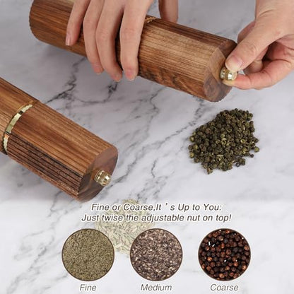 Wooden Salt and Pepper Grinder Set, Refillable Salt and Pepper grinder with adjustable Coarseness, Acacia Wood pepper mill manual, Salt and Pepper Shakers Matching Wooden tray-Ideal for Gifting - color: BURLYWOOD