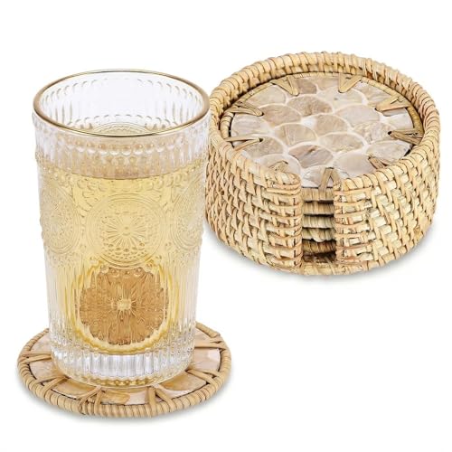 Coastal Coasters Set of 6, Boho Coaster Set with Holder - Cup Mat for Coffee Table, Boho Coaster Home Décor Accents, Heat Insulation, Rattan & Mother of Pearl Coasters, 4 Inch(Fish Scale) - style: Fish Scale