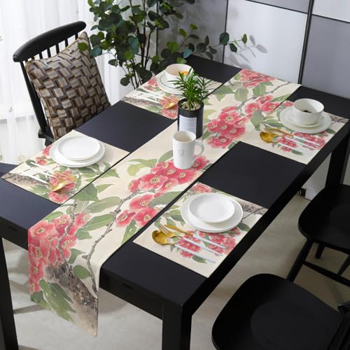 Table Runner and Placemats Set of 4 Flowers Leaves Decorative Dining Table Runner with Matching Placemats Retro Floral Red Table Decor for Kitchen Dining Room and Everyday Use 13x90in - size: 13"x90"+4pcs