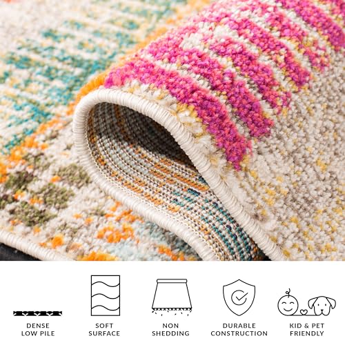 SAFAVIEH Madison Collection Area Rug - 6'7" Square, Ivory & Multi, Boho Abstract Distressed Design, Non-Shedding & Easy Care, Ideal for High Traffic Areas in Living Room, Bedroom (MAD417C) - size: 6'7" x 6'7" (Square)