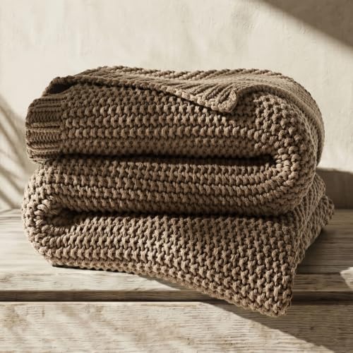 Organic Cotton Chunky Knit Throw Blanket, 50 x 60 Stone Taupe | OCS Certified Organic Cotton, Seed Stitch Knit, Soft & Breathable, Cozy Midweight, Decorative Throw for Couch, Bed & Sofa - color: Stone Taupe, size: Throw (50" x 60")