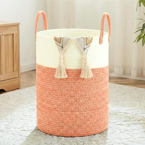 Laundry Basket,Woven Cotton Rope Laundry Hamper,80L for Decor Storage of Dirty Clothes,Toys and Blankets in Bathroom,Baby Room and Living Room - color: orange, size: 80L