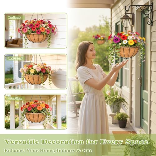 4 Pack 14 Inch Hanging Baskets for Plants Outdoor Metal Hanging Planter Hanging Flower Baskets with Coco Fiber Liners Chain Round Wire Plant Holder Hanging Flower Pots(Watermelon) - size: 14 Inch, style: Watermelon