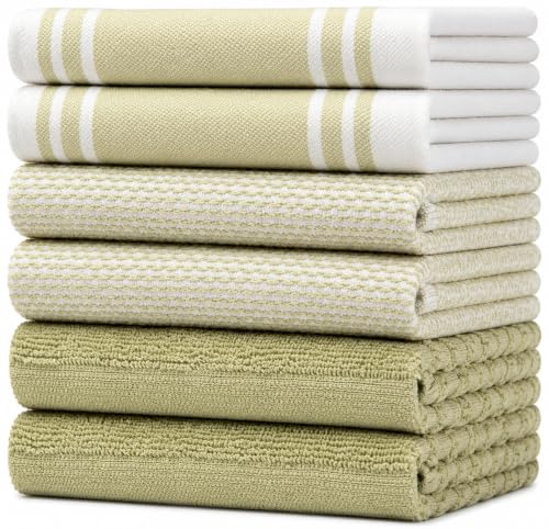 Premium Kitchen Towels 6 Pack 100% Cotton 20"x28" Dish Towels - Sage Wide | Large Flat & Terry Kitchen Linen Set with Hanging Loops, Highly Absorbent for Washing and Drying Dishes - color: Sage Green Wide Stripe, size: Kitchen Towels - Mixed Styles