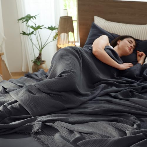 MooMee 100% Cotton Muslin Blanket Fringed 4-Layer Gauze Bed Throw, Queen | Soft Breathable Lightweight Thin Coverlet Summer Blankets for Adults, Bed & Couch All Seasons, Dark Grey, 90" x 90" - color: Dark Grey, size: Queen