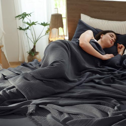 MooMee 100% Cotton Muslin Blanket Fringed 4-Layer Gauze Bed Throw, Queen | Soft Breathable Lightweight Thin Coverlet Summer Blankets for Adults, Bed & Couch All Seasons, Dark Grey, 90" x 90" - color: Dark Grey, size: Queen