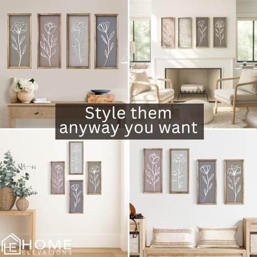 3D Wooden Floral Bathroom Wall Decor, Set of 4 Framed Wall Art | For Living Room, Bedroom, Dining, Office & Kitchen – Boho Botanical Wall Hanging, Modern Farmhouse Home Decor & Gift