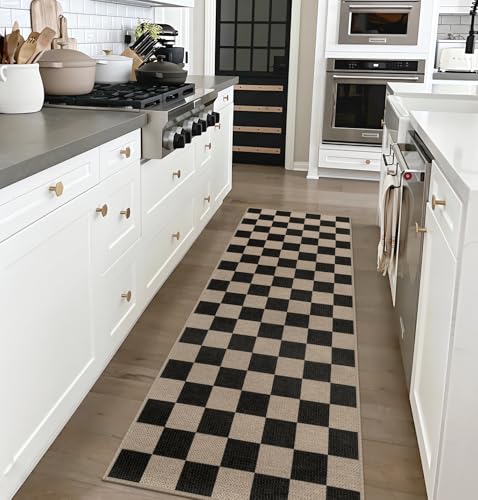 Easy Jute Checkered Runner Rug, 2x6 Black Modern Washable Rugs Runner for Hallway Non-Slip Kitchen Runner Rug, Farmhouse Checkerboard Indoor Outdoor Carpet for Porch Laundry Entryway - color: Black Checkered, size: 2' x 6' (Runner)