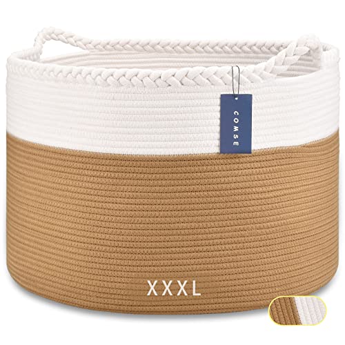 COMSE XXXLarge Woven Blanket & Laundry Basket, 87L, White & Camel | 21.7" x 13.8", Cotton Rope, Nursery Hamper for Storage of Toys Clothes Towels, Ideal for Living Room Bedroom Bathroom - color: White & Camel