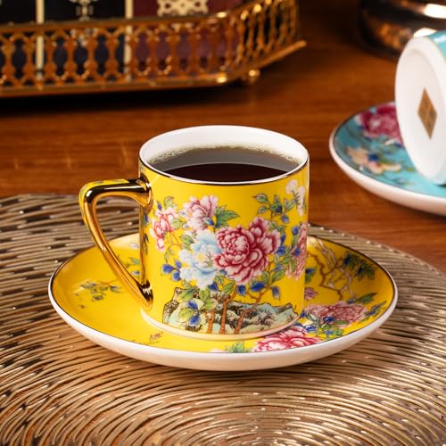 KAMMAK Tea Cup and Saucer, Ceramic Coffee Cups, 7.5 oz, Set of 2 | Porcelain Tea Cups with Saucers for Coffee and Cappuccino, Ideal for Breakfast, Afternoon Tea and Entertaining,633+634N - style: 633N+634N