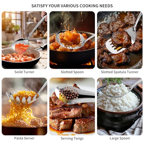 304 Stainlss Steel Kitchen Utensils Set, 11 Pcs Long Metal Cooking Utensil Gadgets Tools Set with Spatula, Spoon, Ladle, Skimmer, Turner, Pasta Server, Tongs(Mirror Polished, Dishwasher Safe) - size: 11Pcs-Silver