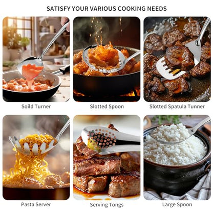 304 Stainlss Steel Kitchen Utensils Set, 11 Pcs Long Metal Cooking Utensil Gadgets Tools Set with Spatula, Spoon, Ladle, Skimmer, Turner, Pasta Server, Tongs(Mirror Polished, Dishwasher Safe) - size: 11Pcs-Silver