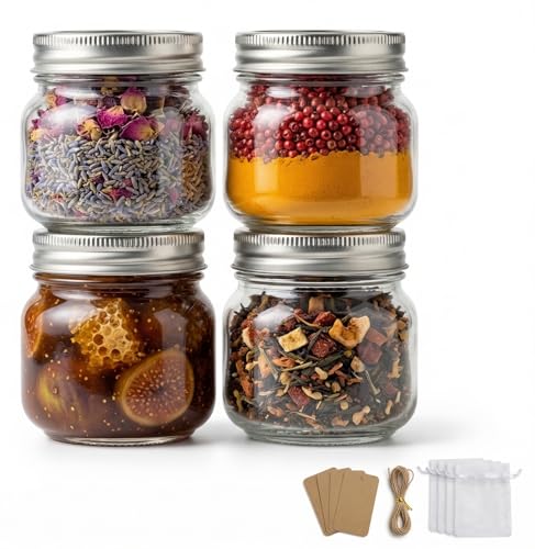 8 oz Mason Jars with Airtight Silver Lids - 4 Pack Small Glass Jars - Thickened Wide Mouth Canning Jars for Spell Jars, Candle Making, Premium Spices & Bathroom Vanity Decor