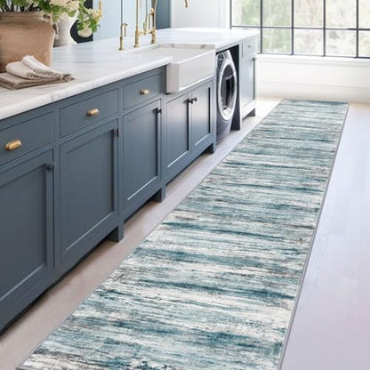 KOZYFLY Modern Abstract Hallway Runner Rug,2.6x14 Washable Rug Runner Non-Slip Soft Striped Kitchen Runner Rugs, Print Blue Carpet Runner for Entryway Bathroom Laundry Room Foyer - color: Blue, size: 2'8" x 14' (Runner)