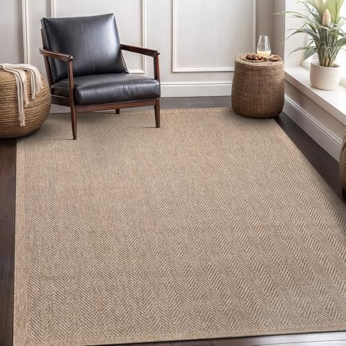 Easy Jute Rug 8x10, Indoor Outdoor Natural Color Fiber Area Rugs for Living Room and Patio Rug Herringbone Seagrass Boho Woven Design Easy-Cleaning Washable Outside Carpet Alfombras 8 x 10 - color: Herringbone/Natural, size: 8' x 10' (Rectangular)