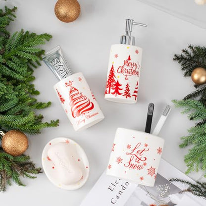 Christmas Bathroom Accessories Set, 4-Piece Ceramic Bathroom Accessory Set Include Lotion Dispenser, Toothbrush Holder Tumbler, and Soap Dish (White) - color: White